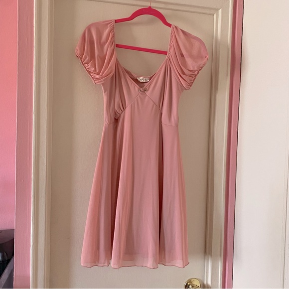 See You Monday Dresses & Skirts - See You Monday Pink Mini Dress w Sheer Sleeves, Mesh Overlay and Rosebud Detail